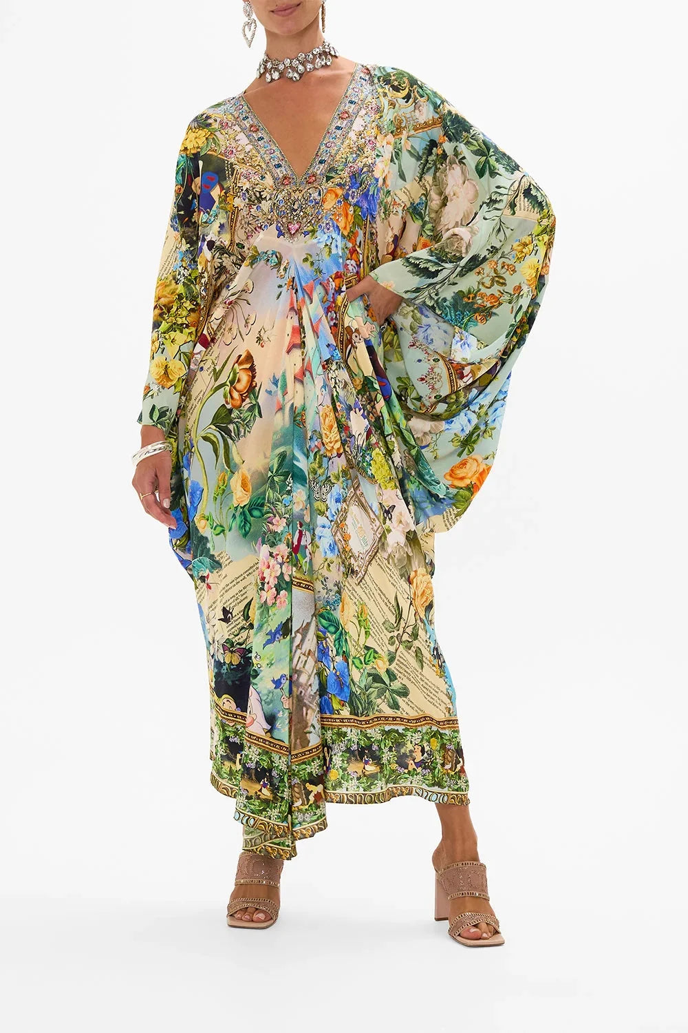 Robe longue de vacances à manches évasées et col en V pour femme, 100 % soie, avec perles et imprimé floral