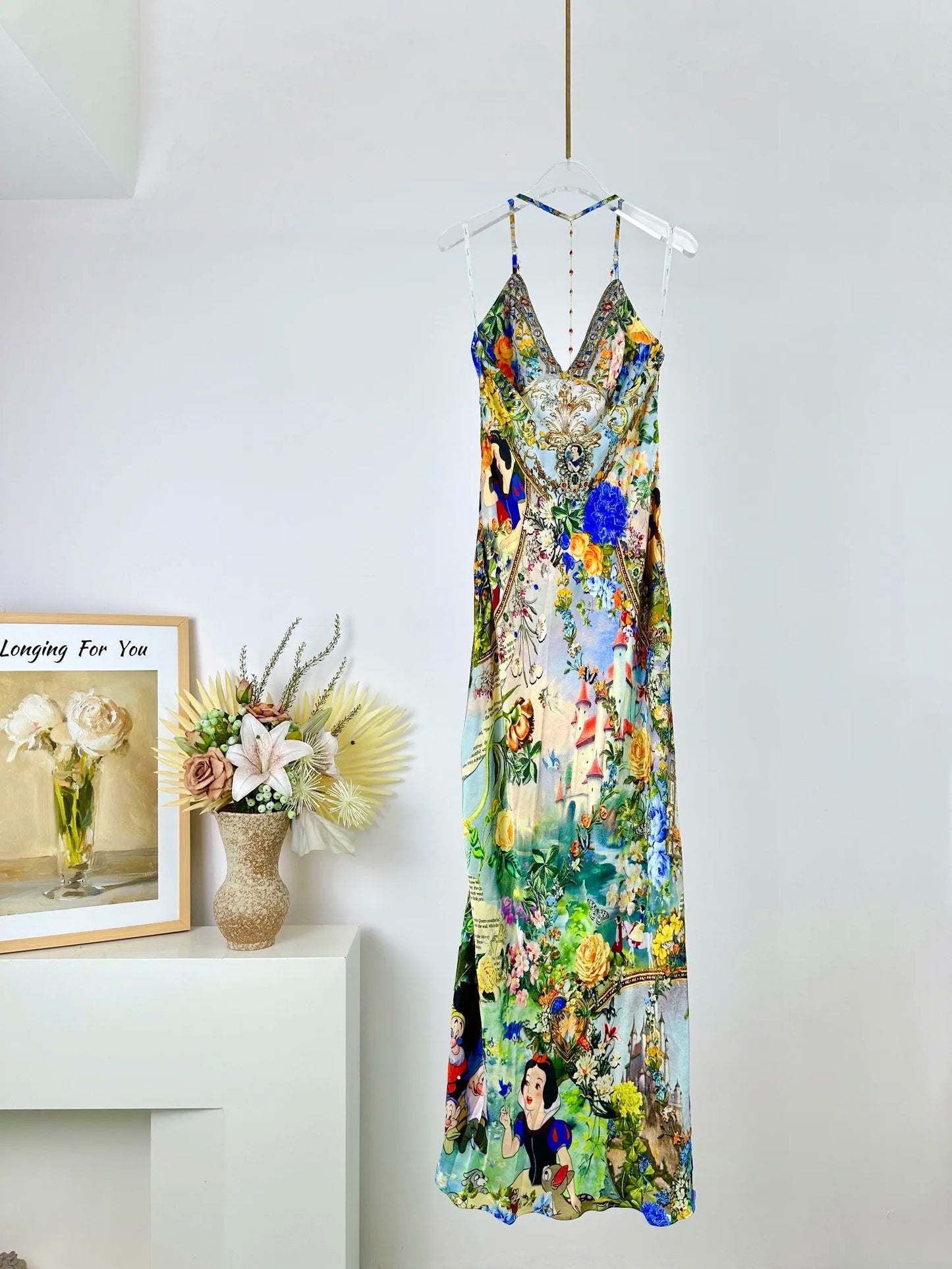 Women Strapless V-Neck Flower Printed Beaded Sleeveless Slim Waist 100% Silk Long Dress