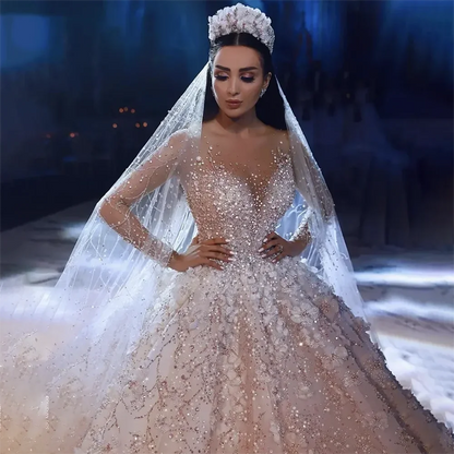 Robe de mariée haut de gamme à paillettes et fleurs faites à la main 2024, manches longues, appliques en dentelle, robes de mariée sur mesure de haute qualité