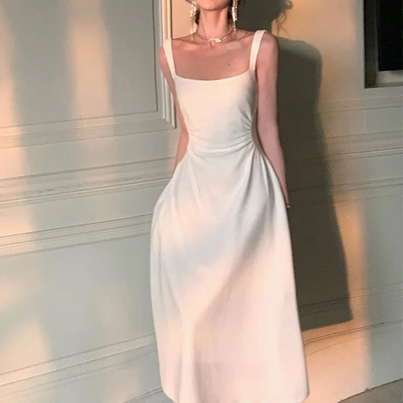 Vestido midi blanco de fiesta de noche de verano 2024 para mujer, vestido de oficina ajustado sexy sin mangas con tirantes, vestido de playa de una pieza para mujer, vestido coreano