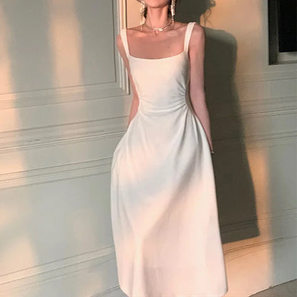 Robe de soirée d'été 2024, robe mi-longue blanche, robe de bureau, slim, sexy, sans manches, à bretelles, style plage, robe une pièce pour femmes, coréenne