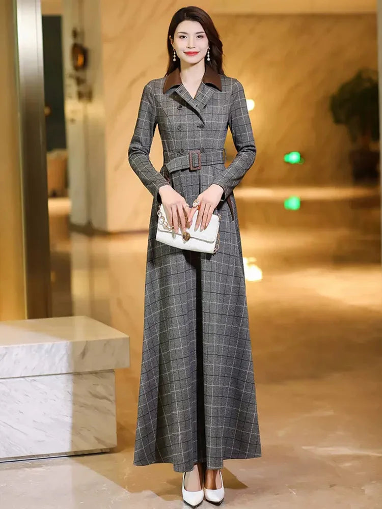 New Women Spring Autumn Long Plaid Dress Fashion Patchwork Turn-down Collar Long Sleeve Slim Dress Simplicity Casual Gray Dress