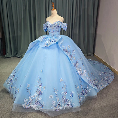 Jancember bleu épaule dénudée robe De bal robes De Quinceanera robes De 15 Anos formelle princesse robes De fête d'anniversaire DY6738