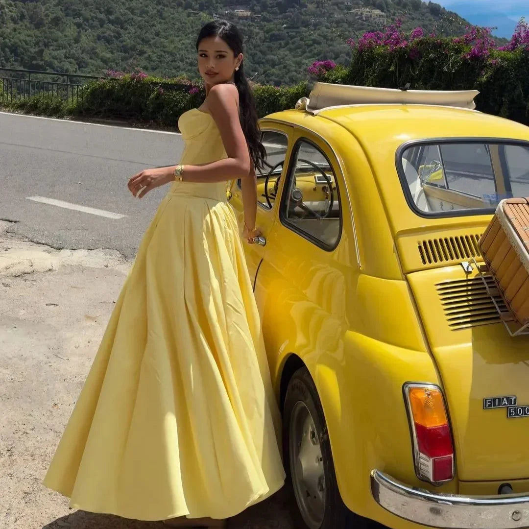 Oligai Vestidos ajustados sin tirantes de verano para mujer, recién llegados en 2024, elegantes vestidos formales para ocasiones especiales, vestidos de fiesta para invitados en amarillo