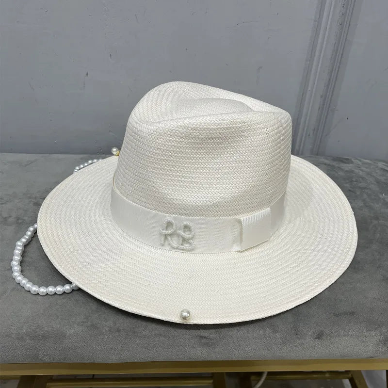 Sombrero Fedora con correa de cadena y adornos de perlas, novedad de verano de 2024, sombrero de paja para mujer