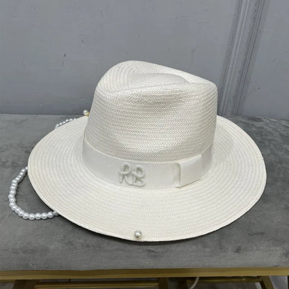 Chapeau Fedora à chaîne orné de perles, nouvelle collection été 2024, chapeau de paille pour femme