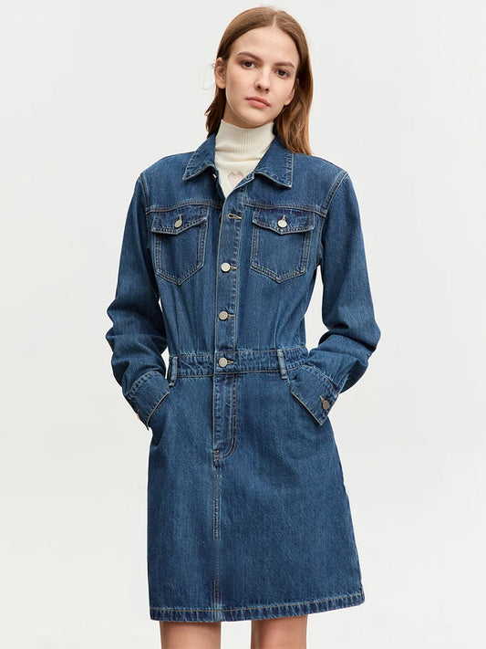 AMII Minimalist Fashion Women Denim Dress 2023 Winter New Short Safari Style Long Sleeve Pullover Mini Shirt Vestidos 12343408