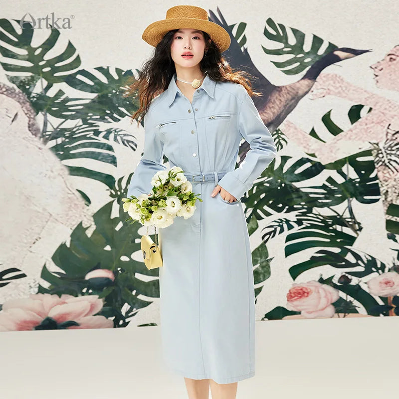 ARTKA 2024 Spring New Women Dress Fashion Safari Style Straight Shirt Dresses Long Sleeve High Waist Dress With Belt ILA92049C