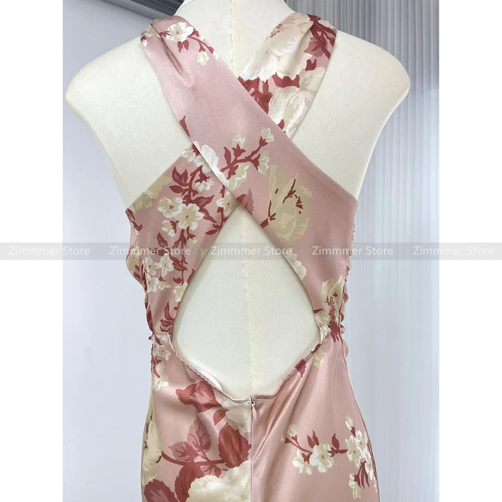 High Quality Temperament Pink Printed Swing Neck Cross Backless Sexy Silk Long Dresses