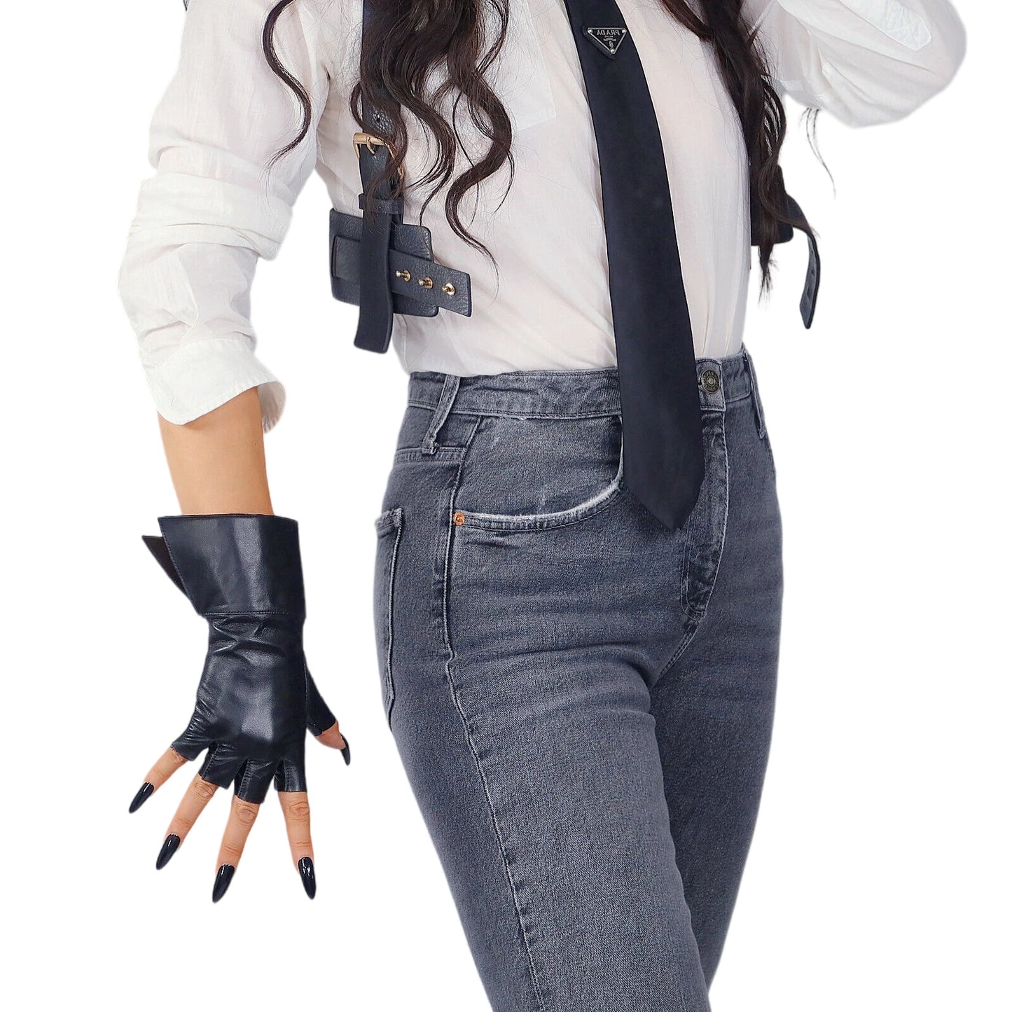 Guantes sin dedos de piel auténtica de DooWay, color negro, con puños plegables, de piel de cordero auténtica, para conducir, fiestas de cosplay y al aire libre