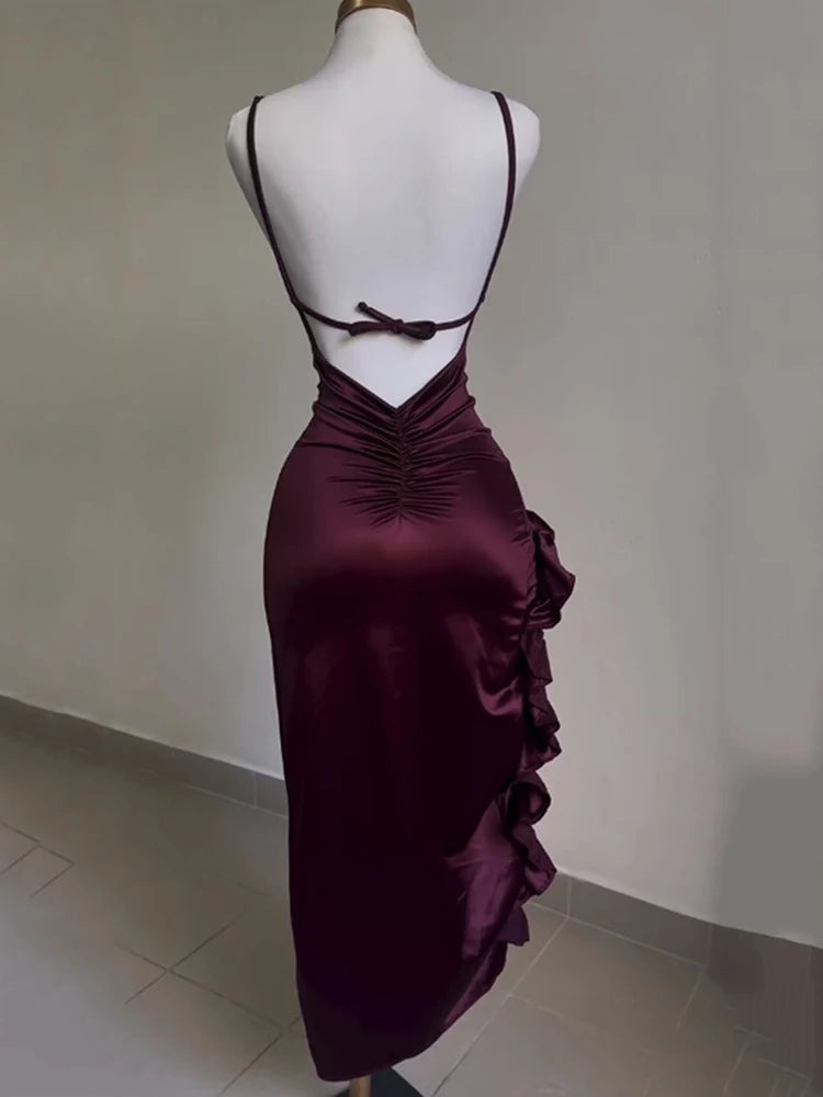 Sexy Women Bodycon Long Dress Backless Strapless Ruffles Fork Party Club Streetwear Elegant Evening Dresses Y2K Female Vestidos