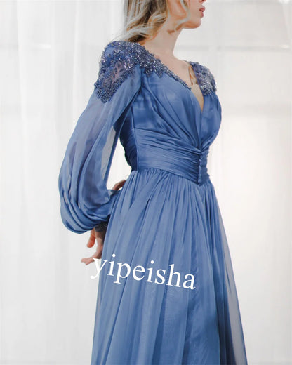 Chiffon Pleat Beading Clubbing A-line V-Neck Bespoke Occasion Gown  Long Dresses