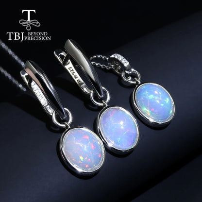 TBJ 100% coloré brillant opale ovale 8*10mm pendentif en pierre précieuse boucle d'oreille ensemble de bijoux en argent sterling 925 pour femmes cadeau unique