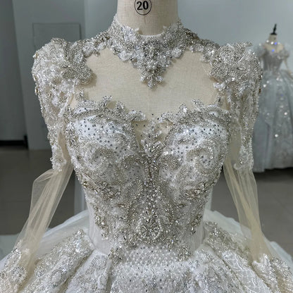 Jancember White Ball Gown Princess Wedding Dresses 2024 O Neck Long Sleeves Vestido De Novia Lace Sequined Luxury XS060