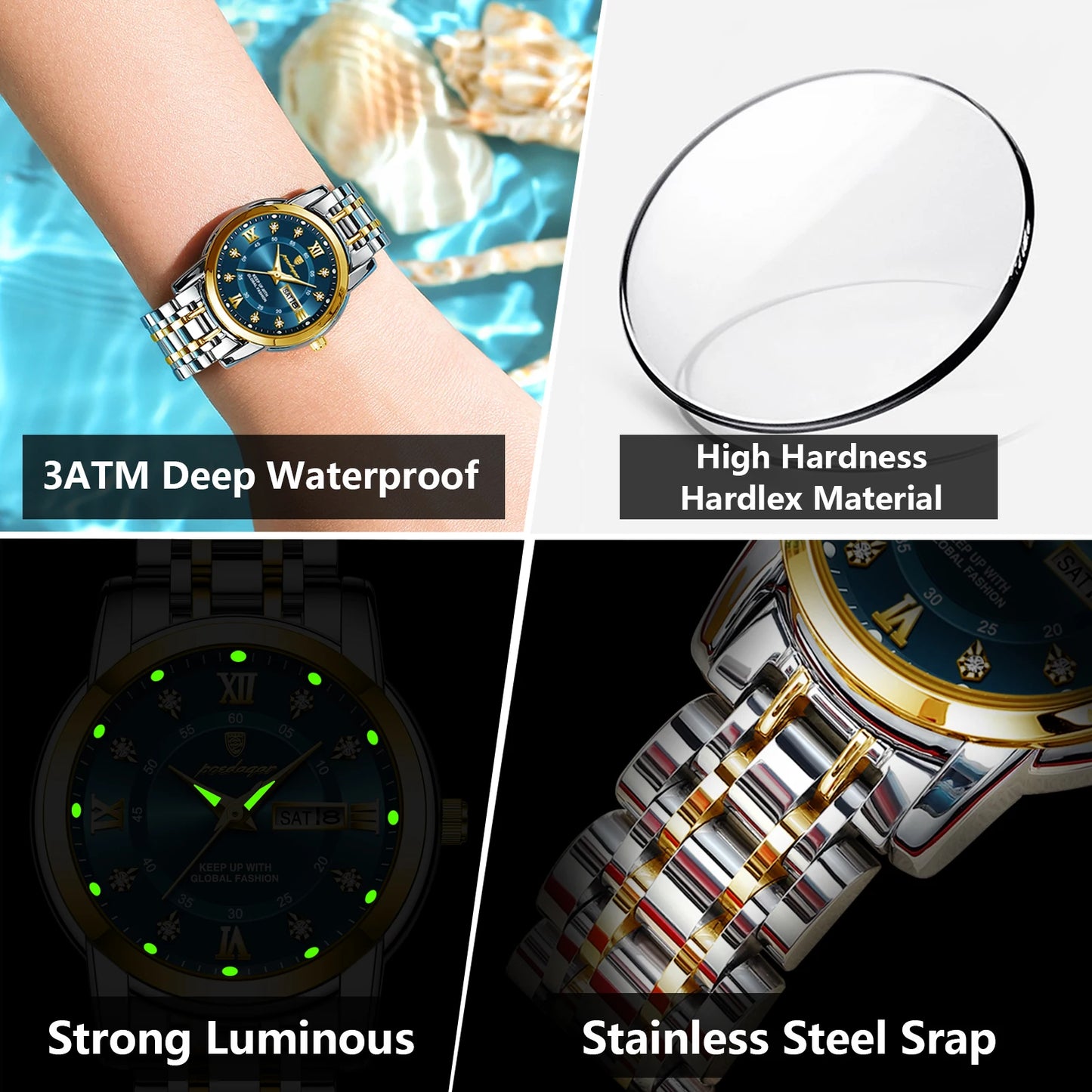 POEDAGAR Reloj de pulsera para mujer, de lujo, de cuarzo, resistente al agua, de acero inoxidable, luminoso, con fecha y semana, para mujer, reloj de vestir