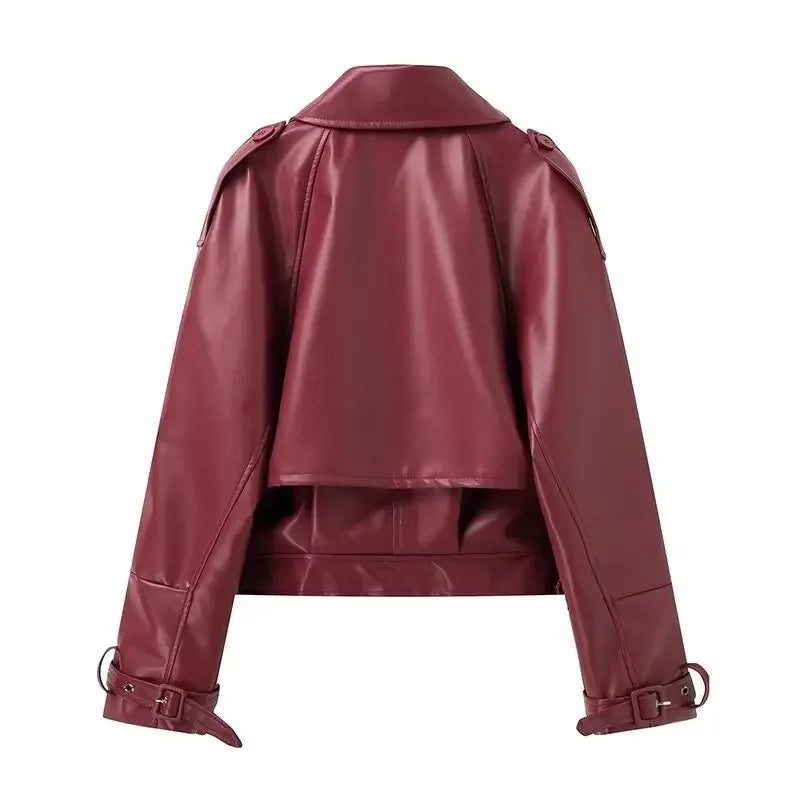 Oligai 2024 Winter Autumn Vintage Faux Leather Jacket Coat Chic Short Belt Bomber Jackets for Women Wine Street Outwear