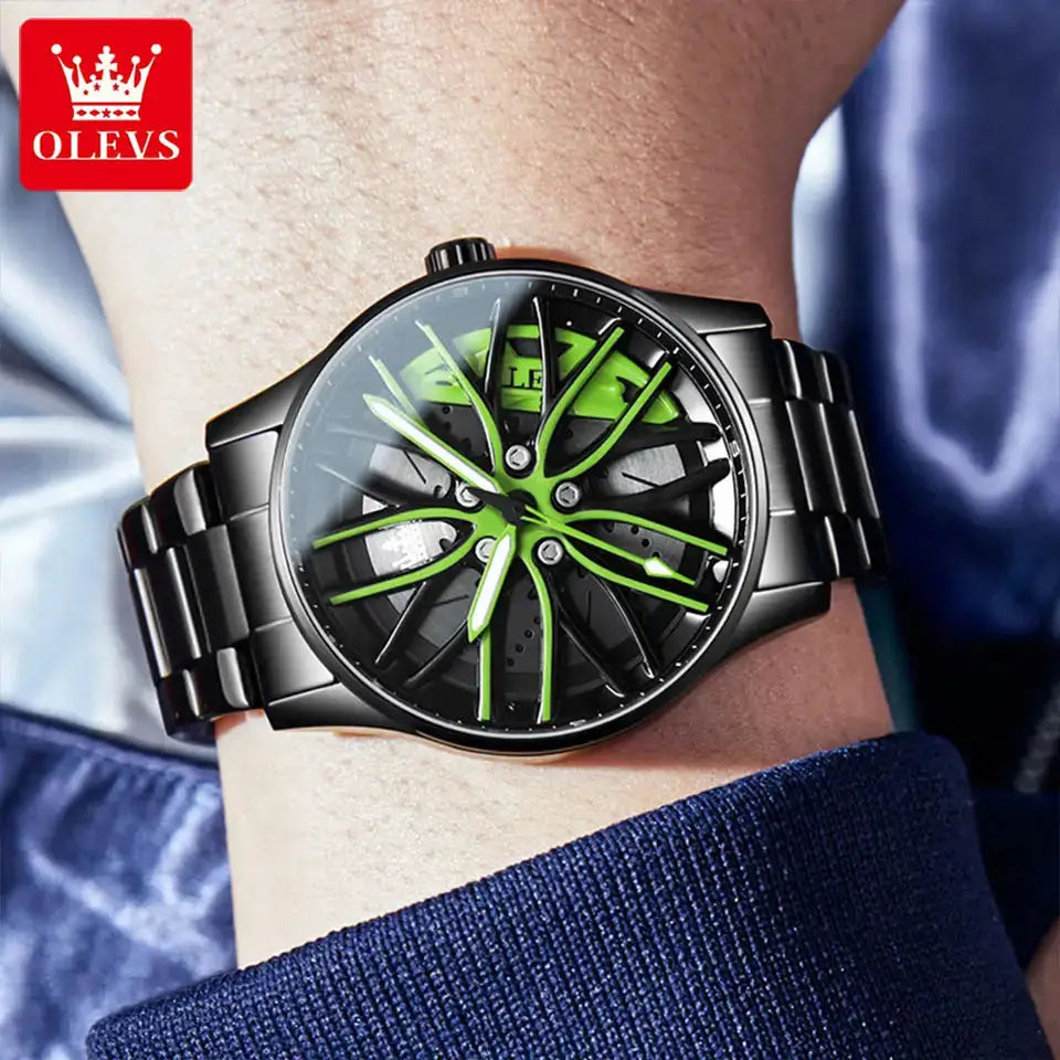 Reloj OLEVS para hombre, esfera giratoria de 360°, llanta de coche deportivo, buje de rueda, resistente al agua, luminoso, de acero inoxidable, reloj de pulsera de cuarzo para hombre