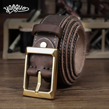 Ceinture en cuir de vache épaisse rétro large 4 cm avec boucle en cuivre pour homme, jean, cowboy