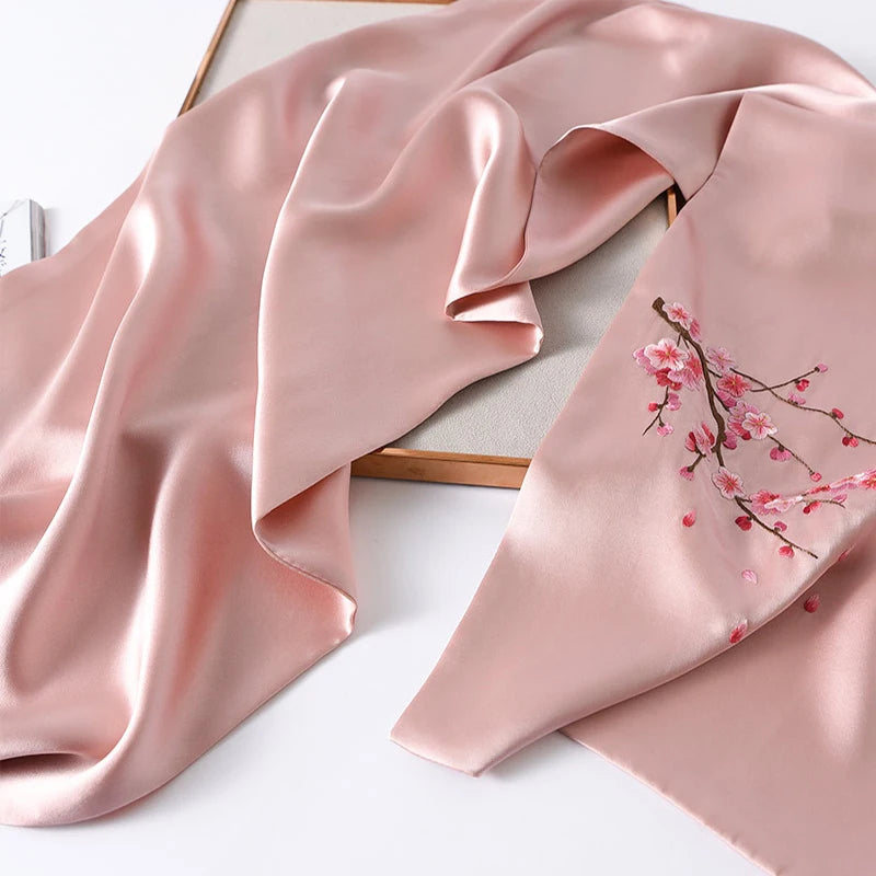 150*35cm 100% Silk Embroidery Hijab Scarf For Women Luxury Brand Double Thickness Long Size Satin Shawls And Wraps Spring Autumn