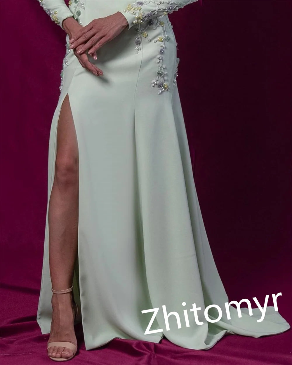 Jersey Applique Sequined Beading Ruched Graduation A-line High Collar Bespoke Occasion Gown Long Dresses