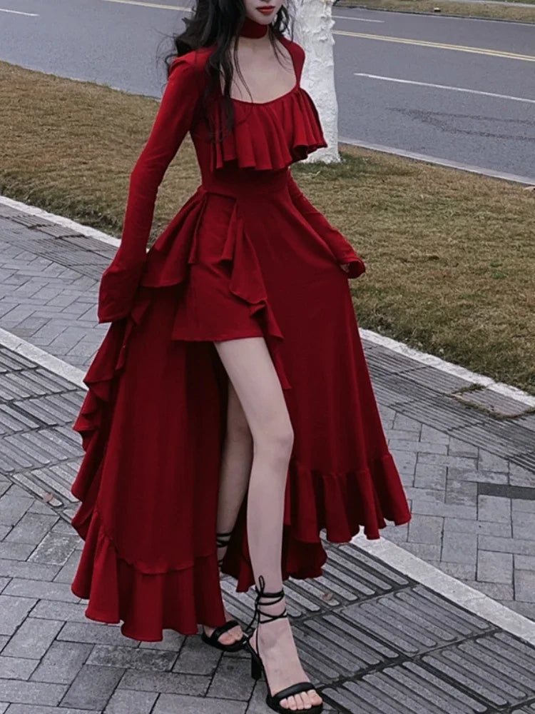 Vestido elegante vintage rojo de otoño para mujer, vestido largo dulce de diseñador con mangas acampanadas, vestido irregular retro de princesa con volantes para mujer 2024