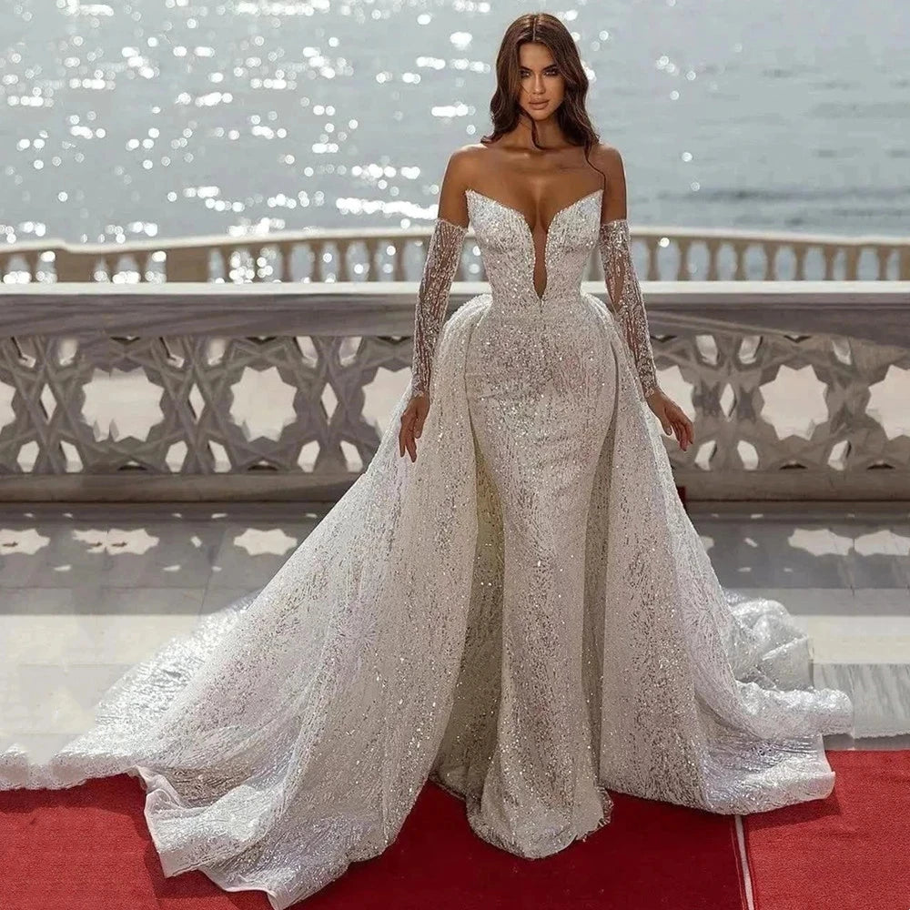 Robe de mariée sexy à col en V profond et dos nu, robe de mariée à paillettes scintillantes et perles, robe de mariée de luxe sirène avec traîne amovible 2024