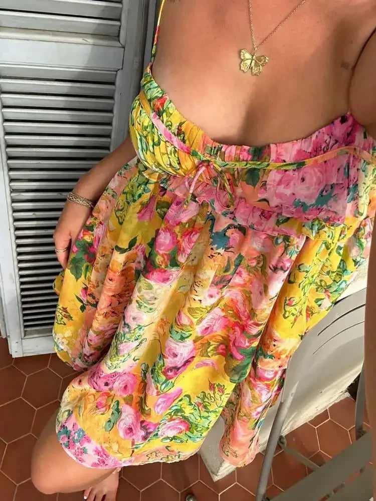 Oligai 2023 Printemps Été Femmes Robe En Mousseline De Soie Sexy Douce Spaghetti Bretelles Robe Courte Décontractée Imprimé Floral Robes De Fête De Vacances