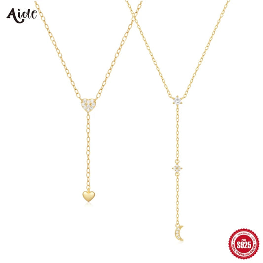 Aide 925 Sterling Silver Dual Heart Y-Shaped Chain Pendant Necklace For Women High Quality K Gold Collar Elegant Jewelry Gift