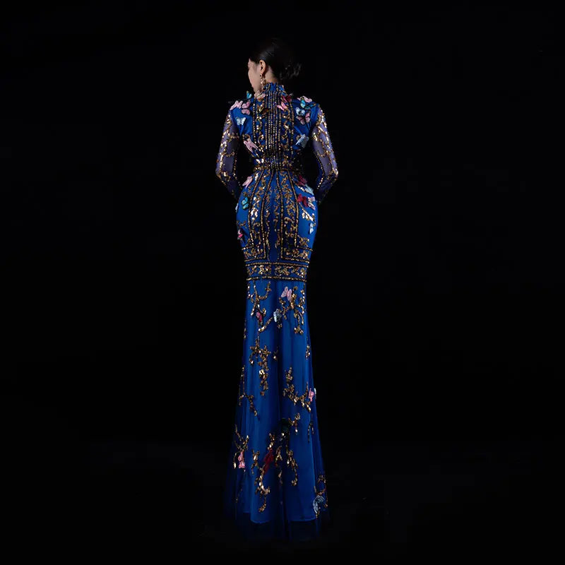 Robe de soirée bleu royal Baisha jupe longue perles faites à la main conception de papillon 3D Costume de maille de luxe pour spectacle de fête فساتين للمناسH617