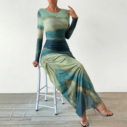 Robe corset en maille verte tie dye, robes d'été pour femmes, robe moulante à manches longues, robe imprimée maxi froncée transparente pour femmes