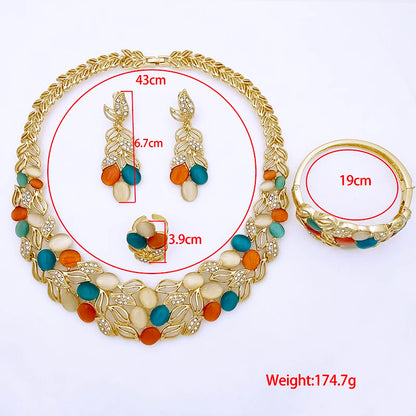 Vintage Opal Jewelry Set For Women Luxury Design Necklace Earrings Bracelet And Ring 18K Gold Plated Dubai Nigeria High Quality