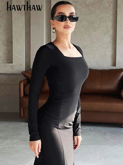 Hawthaw Women 2024 Spring Autumn Fashion Long Sleeve Bodycon Solid Color Basic Black Long Dress Wholesale Items For Business