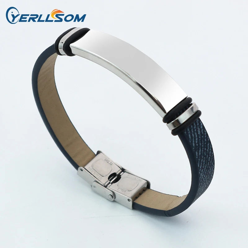 YERLLSOM 100PCS/Lot Bracelet en cuir de couple fait à la main en acier inoxydable avec vos propres messages et logo personnalisés