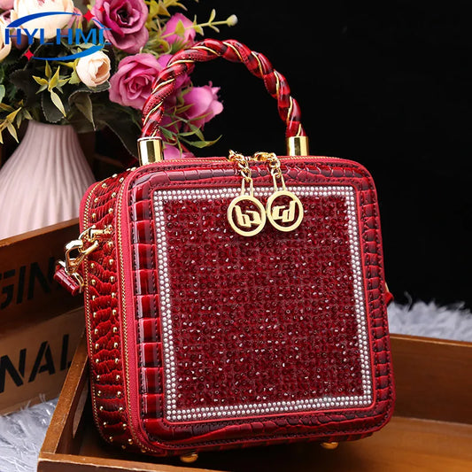 Luxury Fashion Diamonds Women Handbags 2023 Genuine Leather Lady Shoulder Messenger Bag Crocodile Pattern Small Square Box Bags