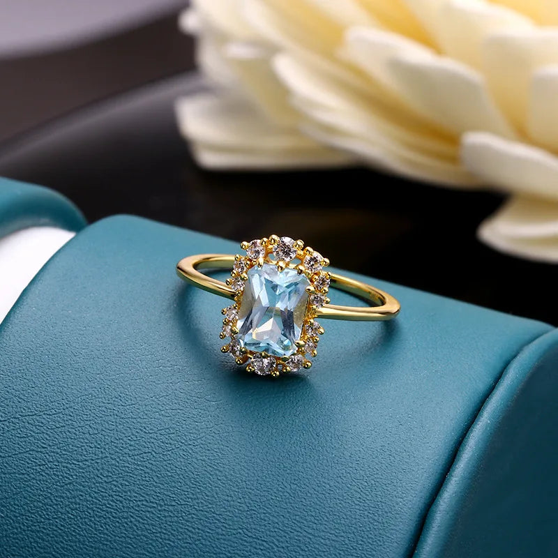 LAMOON Vintage Natural Topaz Rings Gemstone Ring Blue Topaz 925 Sterling Silver K Gold Plated Wedding Engagement For Women RI190