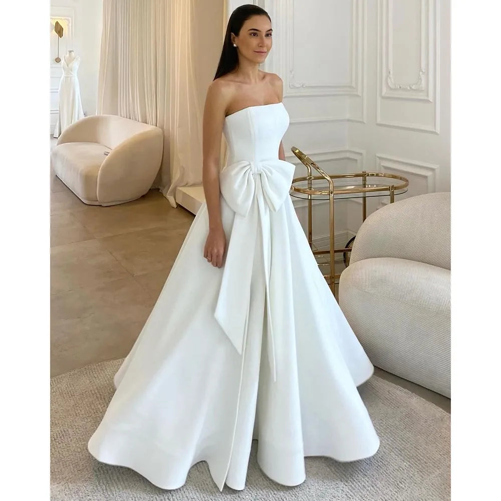 Elegante vestido de novia sin tirantes con lazo plisado, largo hasta el suelo, cola larga, corte A, para ocasiones formales, vestidos largos para mujer