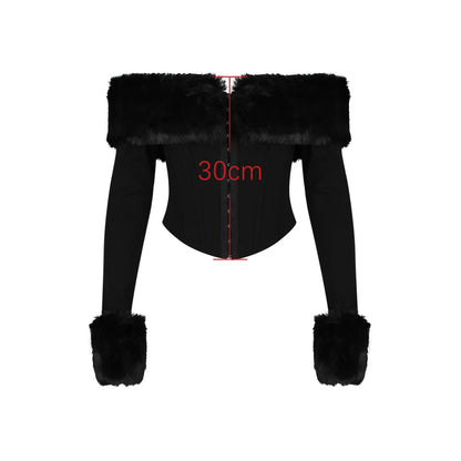 Oligai Long Sleeve Corset Top Faux Fur Collar Bodycon Cropped Top Sexy Black Elegant Off The Shoulder Blouse Women's Clothing