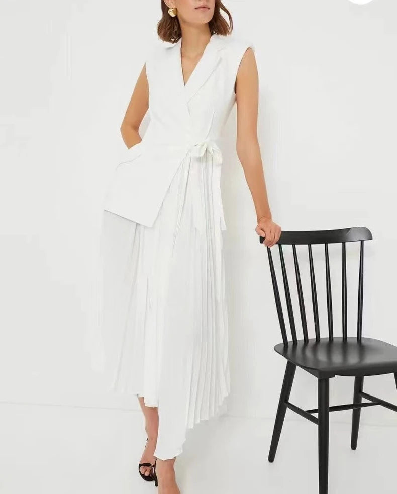 Women Acetate Long Irregular Pleated Dress Notched Collar Sleeveless Wrap Waist Office Lady midi dress