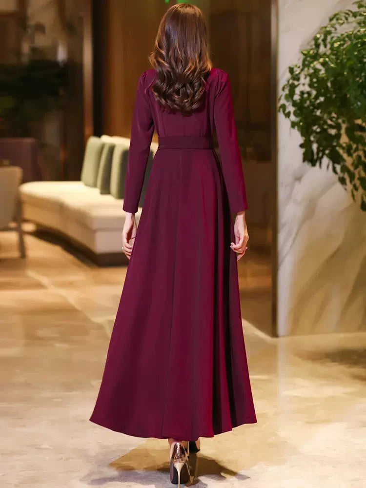 New Women Spring Autumn Vintage Long Dress Fashion Small V-Neck Long Sleeve Slim Dress Elegant Exquisite Office Lady Dress