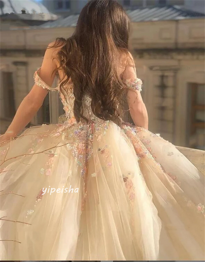 Robe de soirée longue en tulle avec appliques froncées, ligne A, épaules dénudées, sur mesure