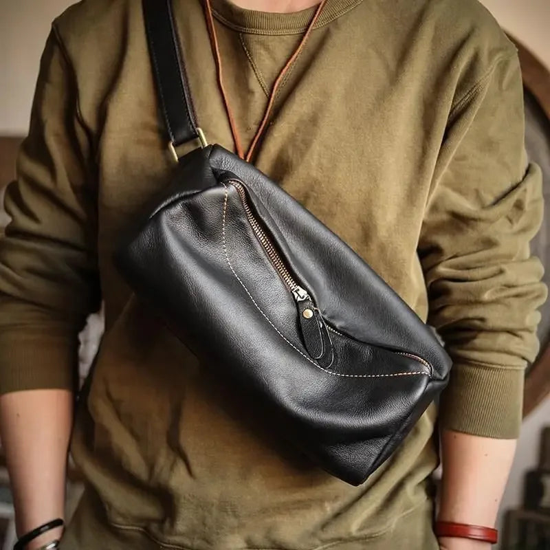 Vintage Square Bucket Bag Leather Casual Chest Bag Men's Cowhide Motorcycle Fanny Pack Single Shoulder Crossbody Purses Handbags