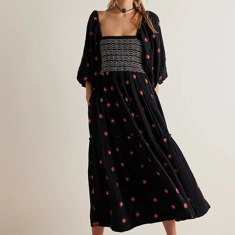 Vestido largo bohemio de fiesta con cuello cuadrado y manga larga para mujer, estilo playero, con volantes y corte en A