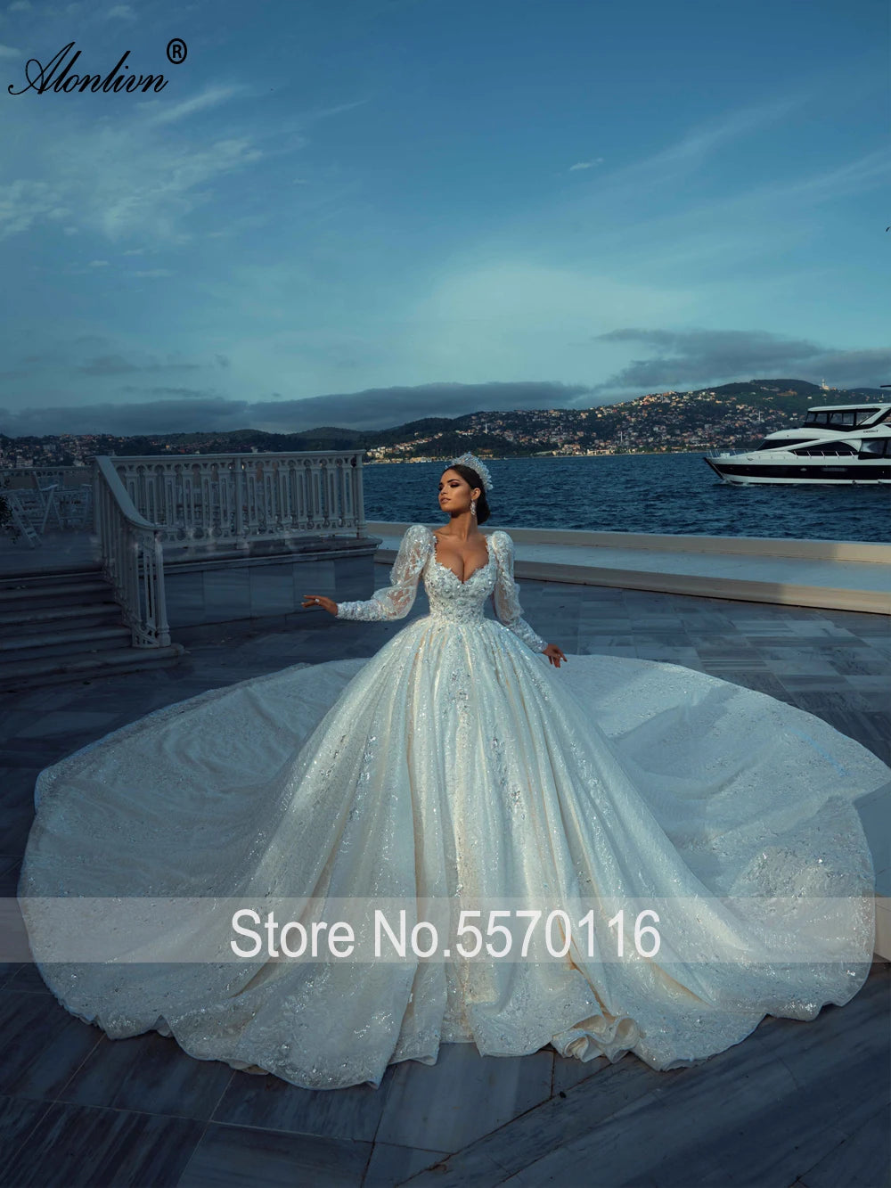 Alonlivn Exquisite Beading Pearls Puff Sleeves Ball Gown Wedding Dresses Sequined Appliques Lace Backless Royal Train For  Bride