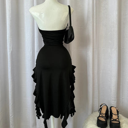 Vestido largo de verano 2024 para mujer, estilo vintage, elegante, negro, a la moda, sin mangas, ajustado, sin espalda, irregular, con borlas, para fiesta, vestido de calle