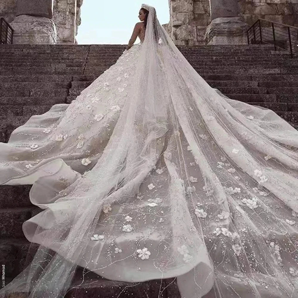 Vestido de novia de alta gama hecho a mano con flores y lentejuelas, mangas largas, apliques de encaje, vestidos de novia hechos a medida, vestido de alta calidad, 2024