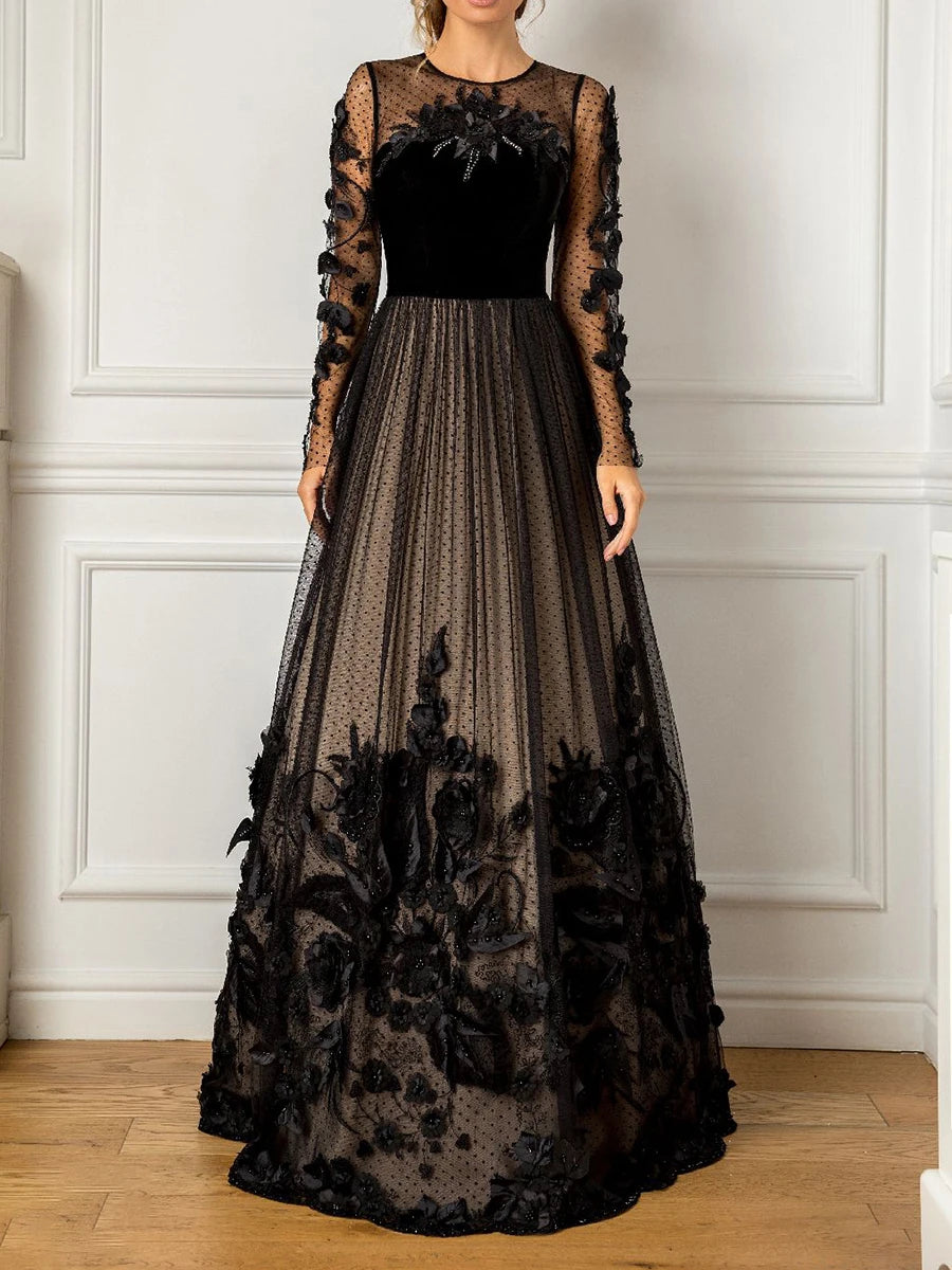 Robe de bal à perles appliquées à manches longues en dentelle pour cocktail, élégante, longueur au sol, illusion, robes de soirée noires pour femmes 2023