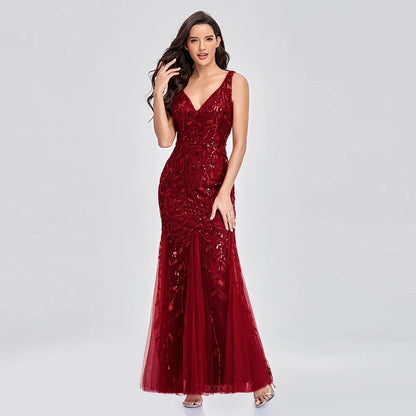 Vestidos de cóctel con escote en V sin mangas de tul y lentejuelas, vestidos de fiesta de sirena con espalda en V, vestidos de fiesta formales para mujer, vestidos de túnica bordados