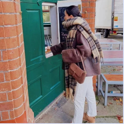 Écharpe pour femme en laine mohair à carreaux TT automne/hiver polyvalente en alpaga à carreaux en polaire à franges et à blocs de couleurs