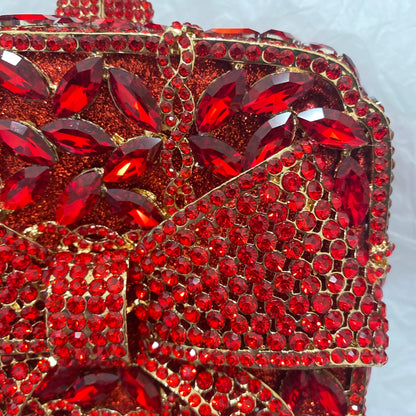 Luxury Red Rhinestone Women Wedding Bridal Purses New Fashion Bow Crystal Clutches Square Diamond Evening Bag Party Prom Handbag