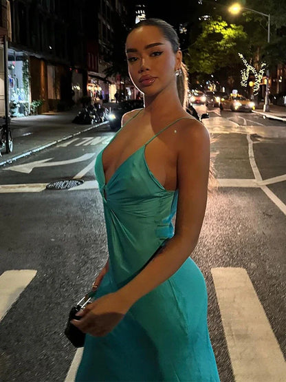 Women High Waist Ring Hollow Out Sling Dress Blue V-neck Sleeveless Party Backless Slim Maxi Robes 2024lady Elegant Formal Wear